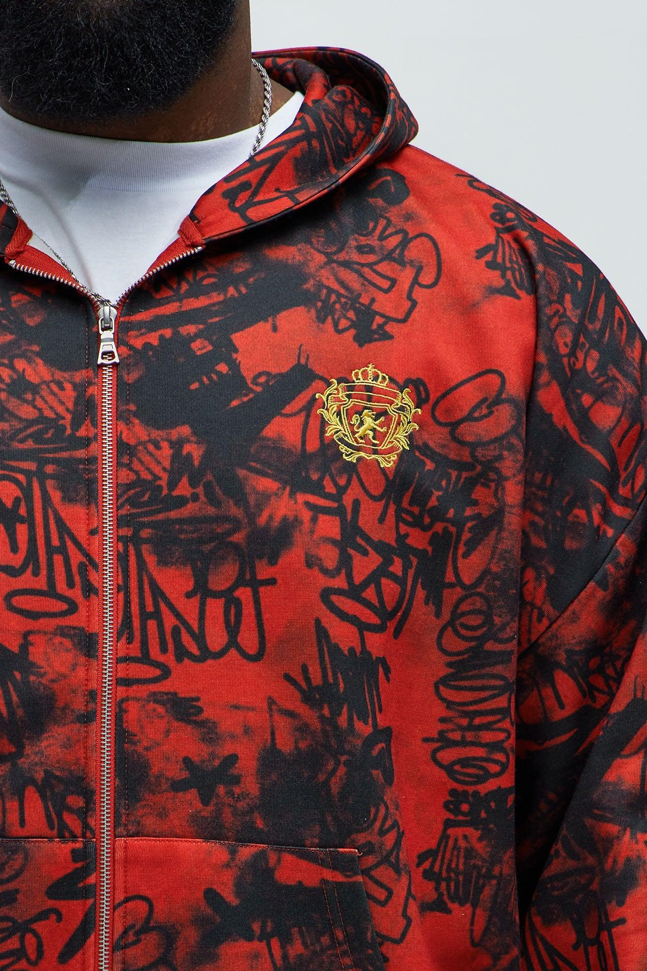 Vandal Oversized Graffiti Zip Up Hoodie - Red Product Image