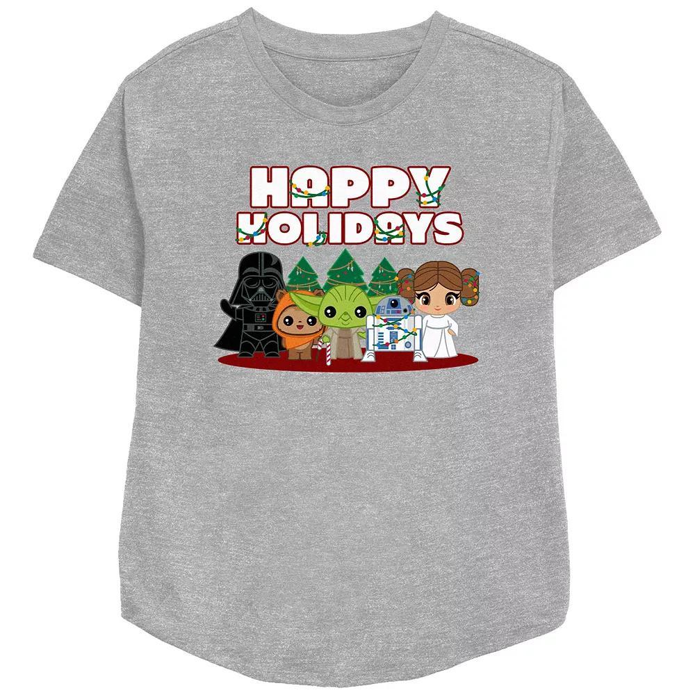 Women's Star Wars Characters Happy Holidays Relaxed Fit Graphic Tee, Size: XS, Athletic Grey Product Image