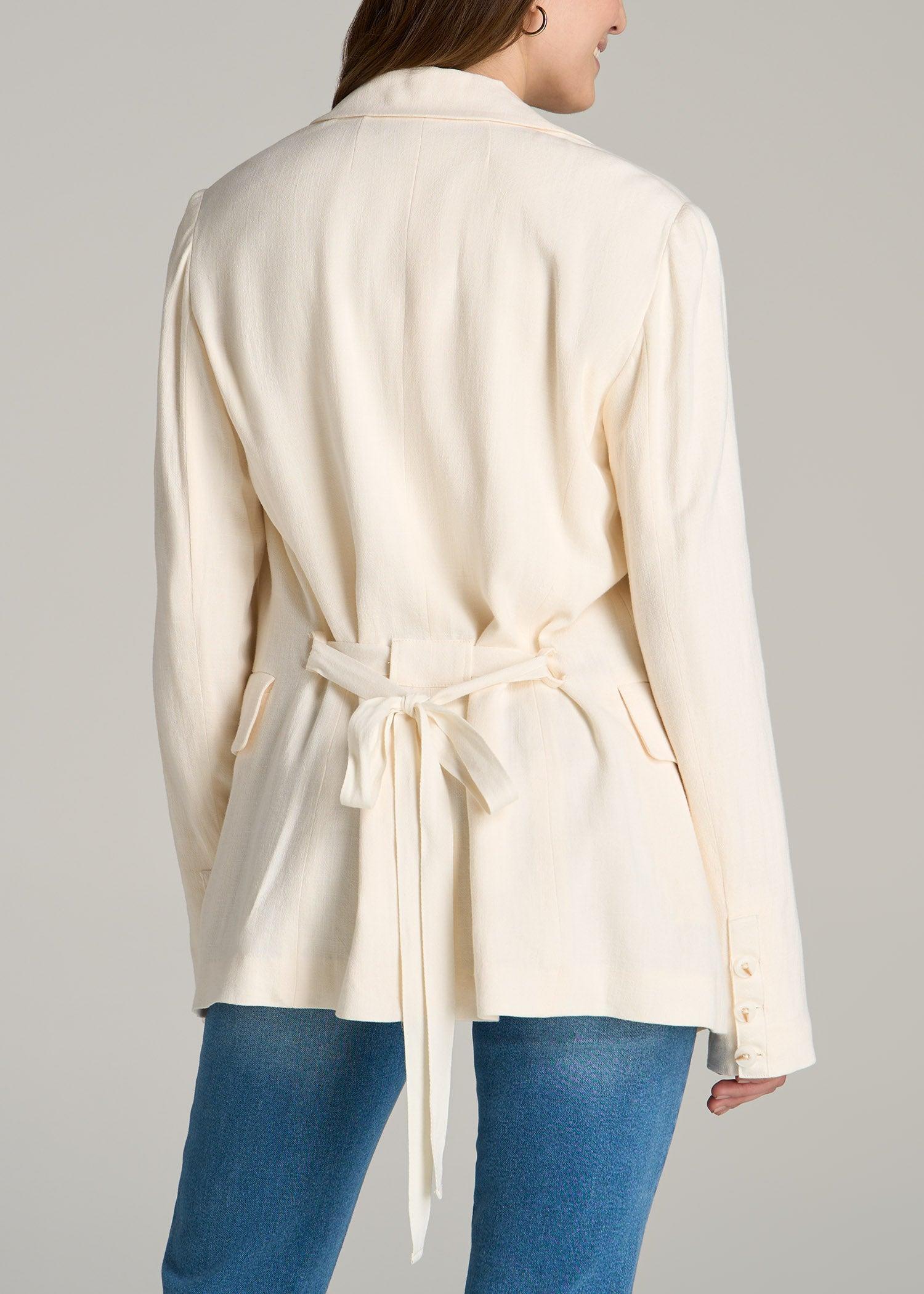 Linen Blend Tie Back Blazer For Tall Women in White Alyssum Product Image
