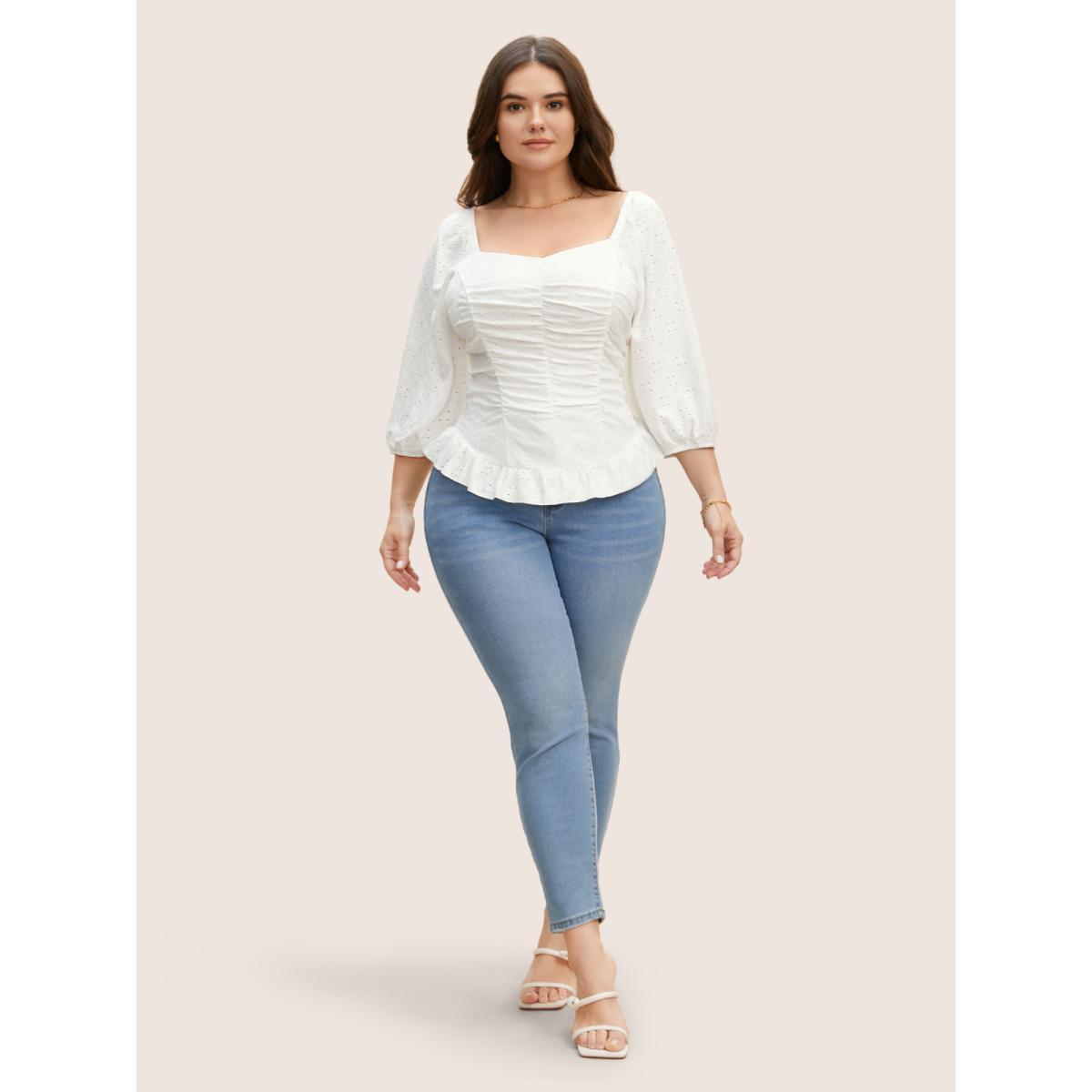 Plus Size Ivory Broderie Anglaise Ruched Lantern Sleeve Blouse Women Elegant Elbow-length sleeve Heart neckline Everyday Blouses BloomChic 26/4X Product Image