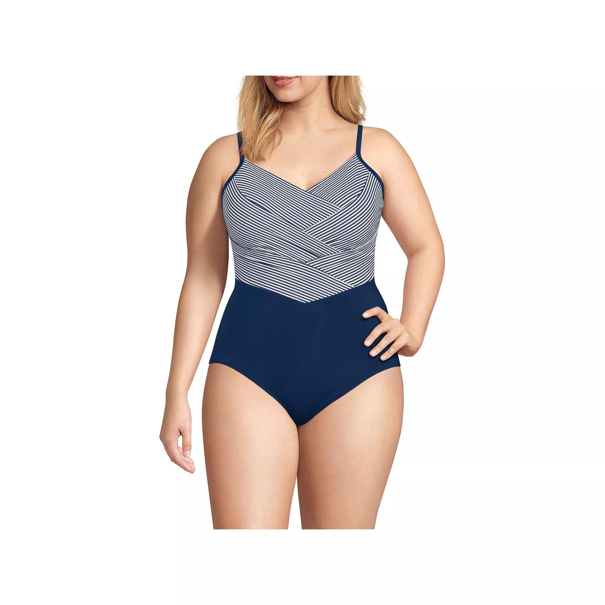 Plus Size Lands' End Slender Suit Pleated X-Back One-Piece Swimsuit, Women's, Size: 24W Dd, Blue Mini Stripe Product Image