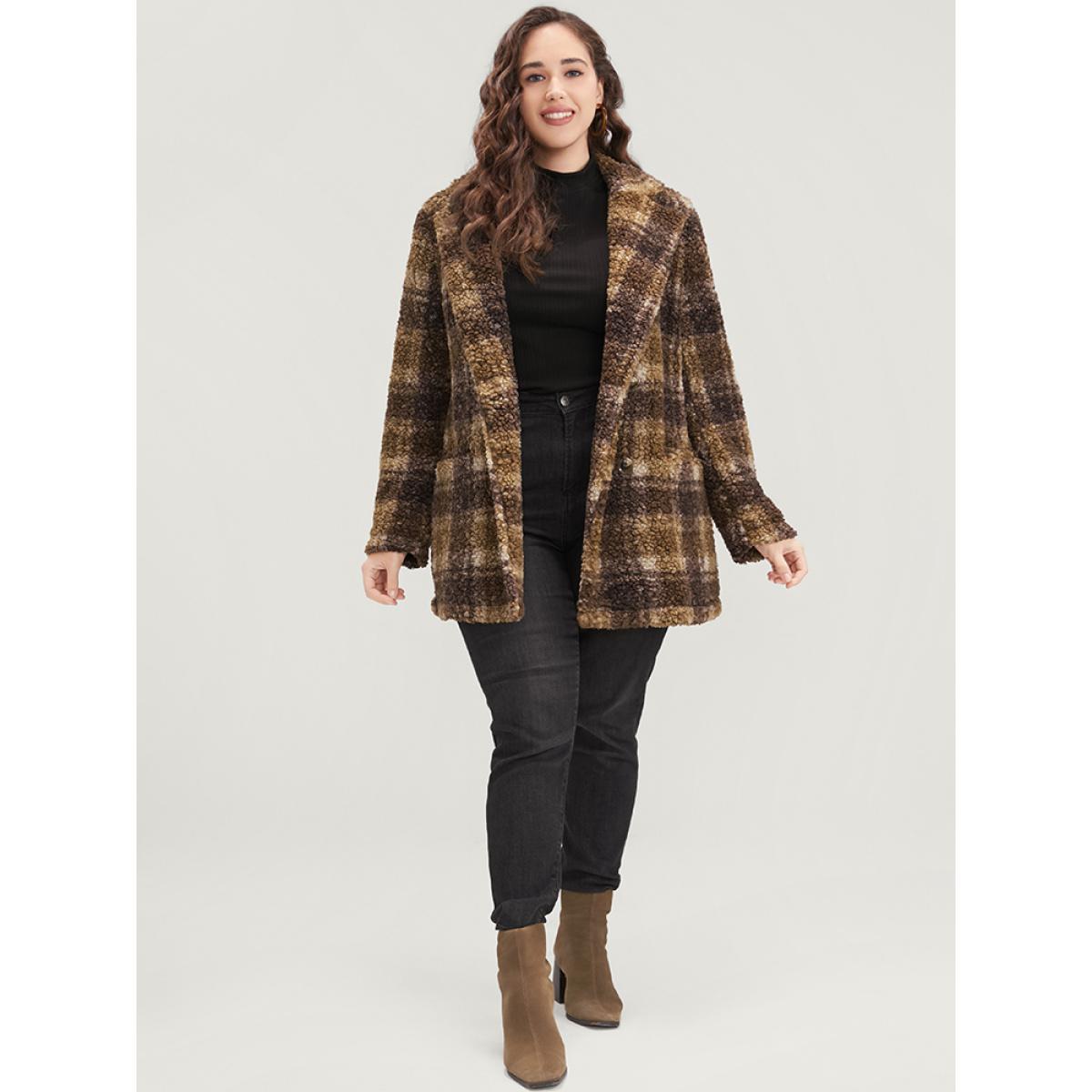 Plus Size Plaid Pocket Double Breasted Teddy Coat Women Tan Casual Pocket Ladies Dailywear Winter Coats BloomChic 28/5X Product Image