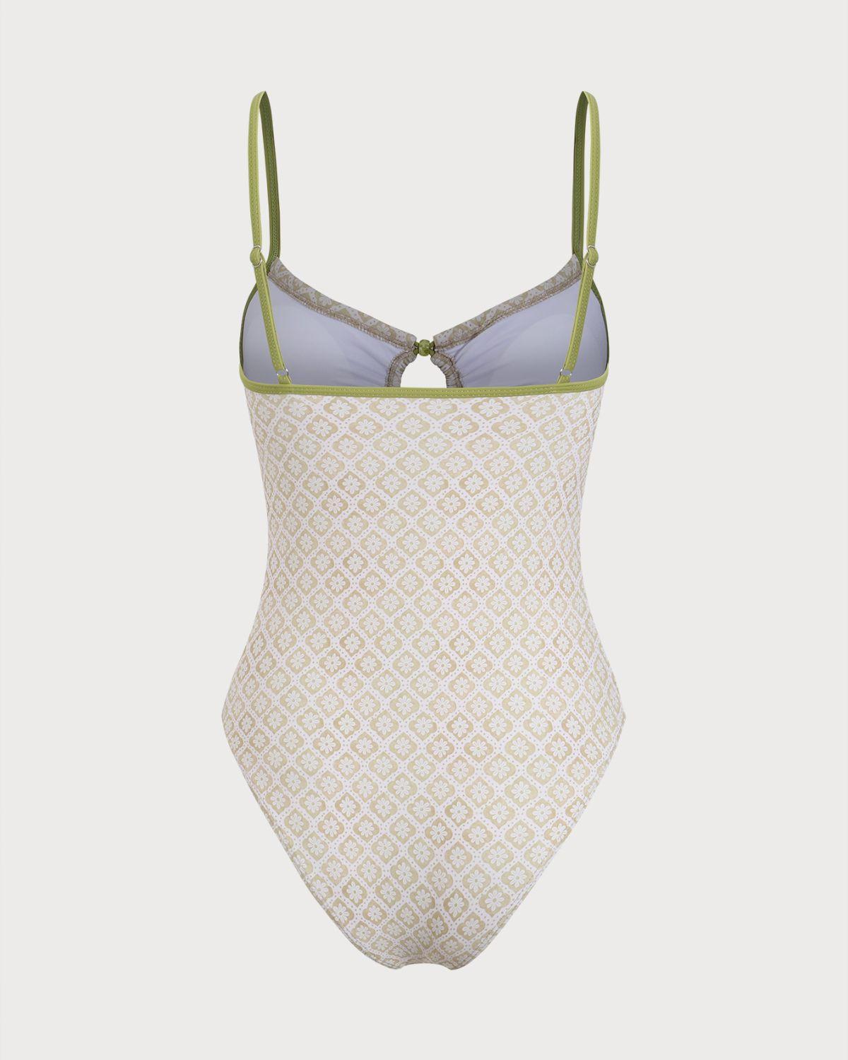 Green Floral U Neck One-Piece Swimsuit Product Image