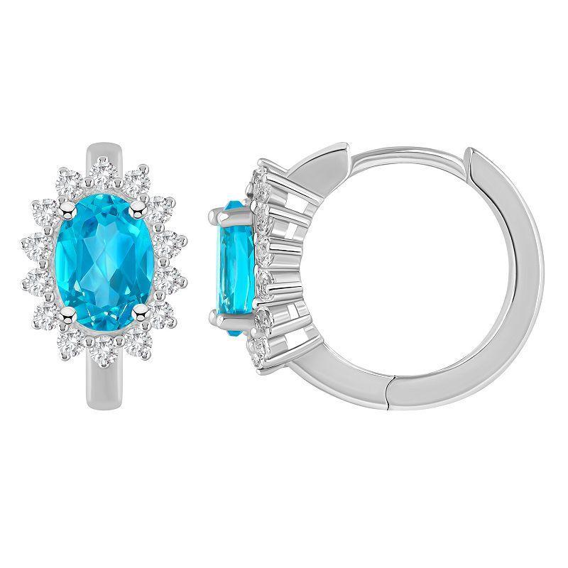 Celebration Gems Sterling Silver Oval Gemstone & White Topaz Halo Huggie Hoop Earrings, Women's, Blue Topaz Product Image
