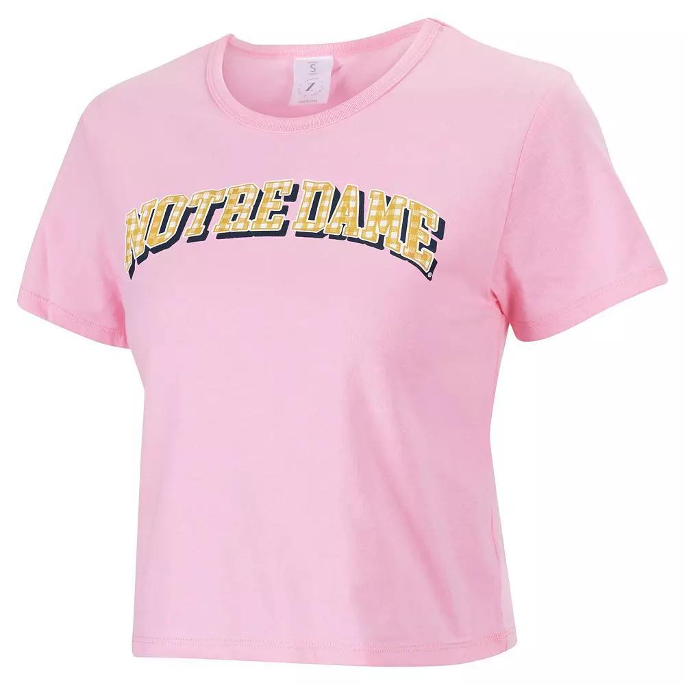 Women's ZooZatz Pink Notre Dame Fighting Irish Gingham Logo Cropped T-Shirt, Size: Medium Product Image