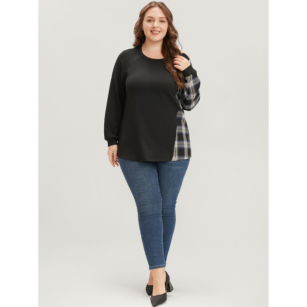 Plus Size Tartan Patchwork Button Detail Round Neck Sweatshirt Women Black Casual Contrast Round Neck Dailywear Sweatshirts BloomChic 22-24/3X Product Image