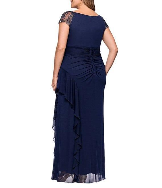 Xscape Plus Size Boat Neck Short Sleeve Mesh Beaded Yoke Gown Product Image