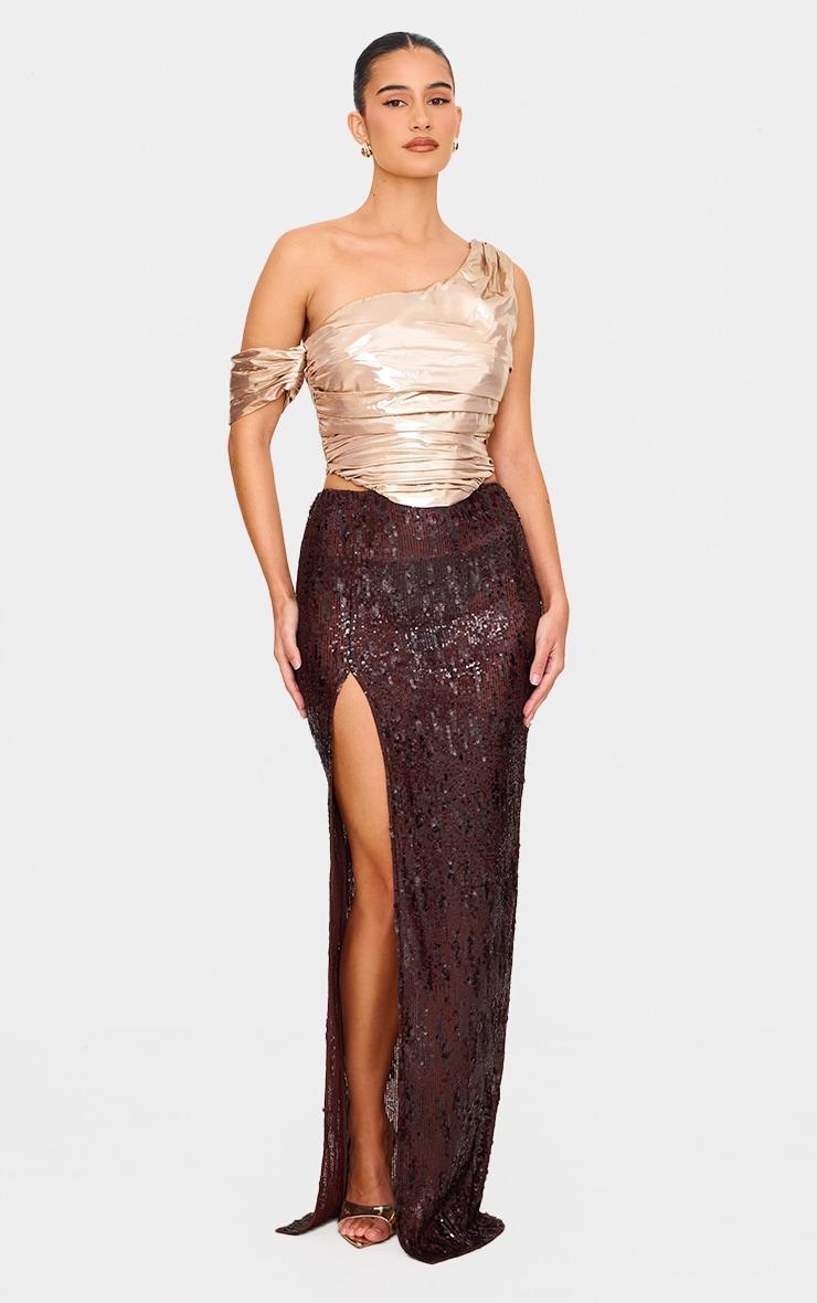 Champagne Satin Drapey Bardot Top Product Image