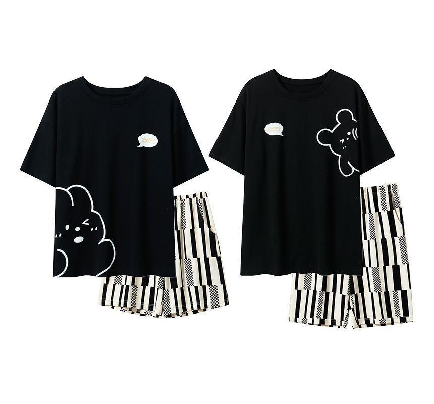 Couple Matching Pajama Set: Short-Sleeve Round Neck Cartoon Print T-Shirt + Shorts (Various Designs) Product Image