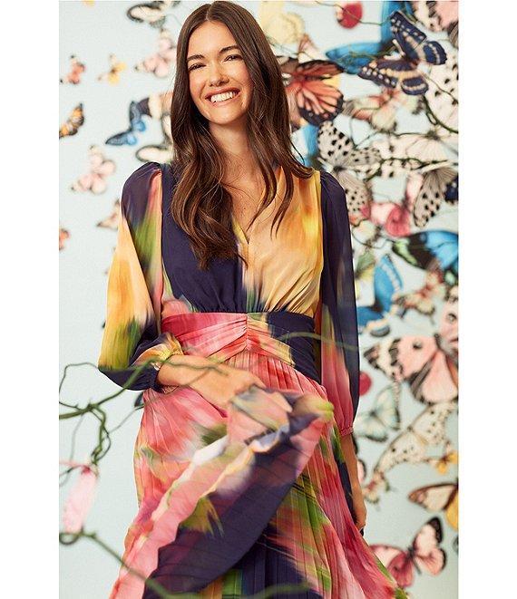 Maggy London Printed Chiffon Pleated V Neckline Long Sleeve Midi Dress Product Image
