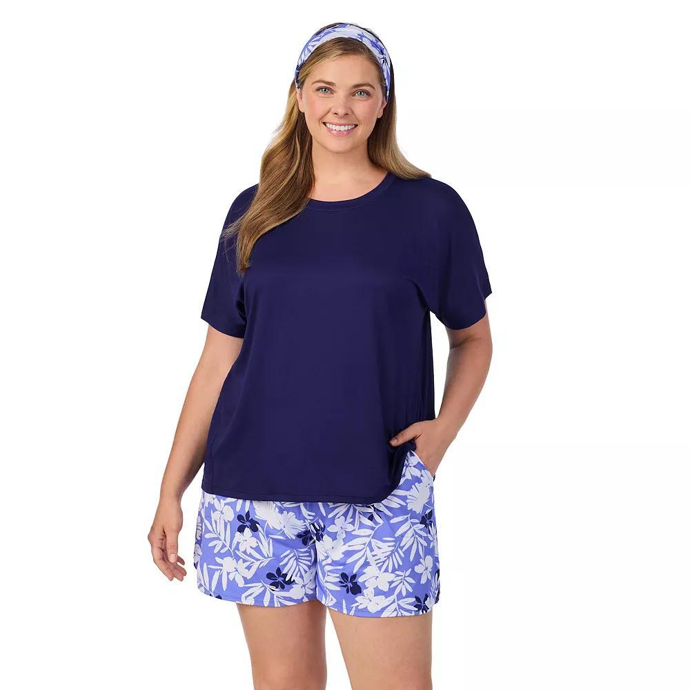 Plus Size Cuddl Duds® Short Sleeve Pajama Top & Pajama Shorts Set with Matching Headband, Women's, Size: 3XL, Purple Mono Floral Product Image