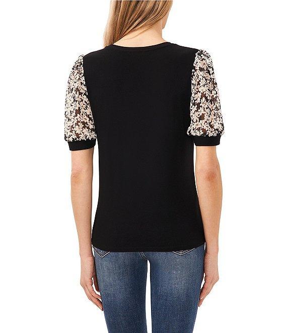 CeCe Mixed Media Floral Print Round Neck Short Puff Sleeve Tee Product Image