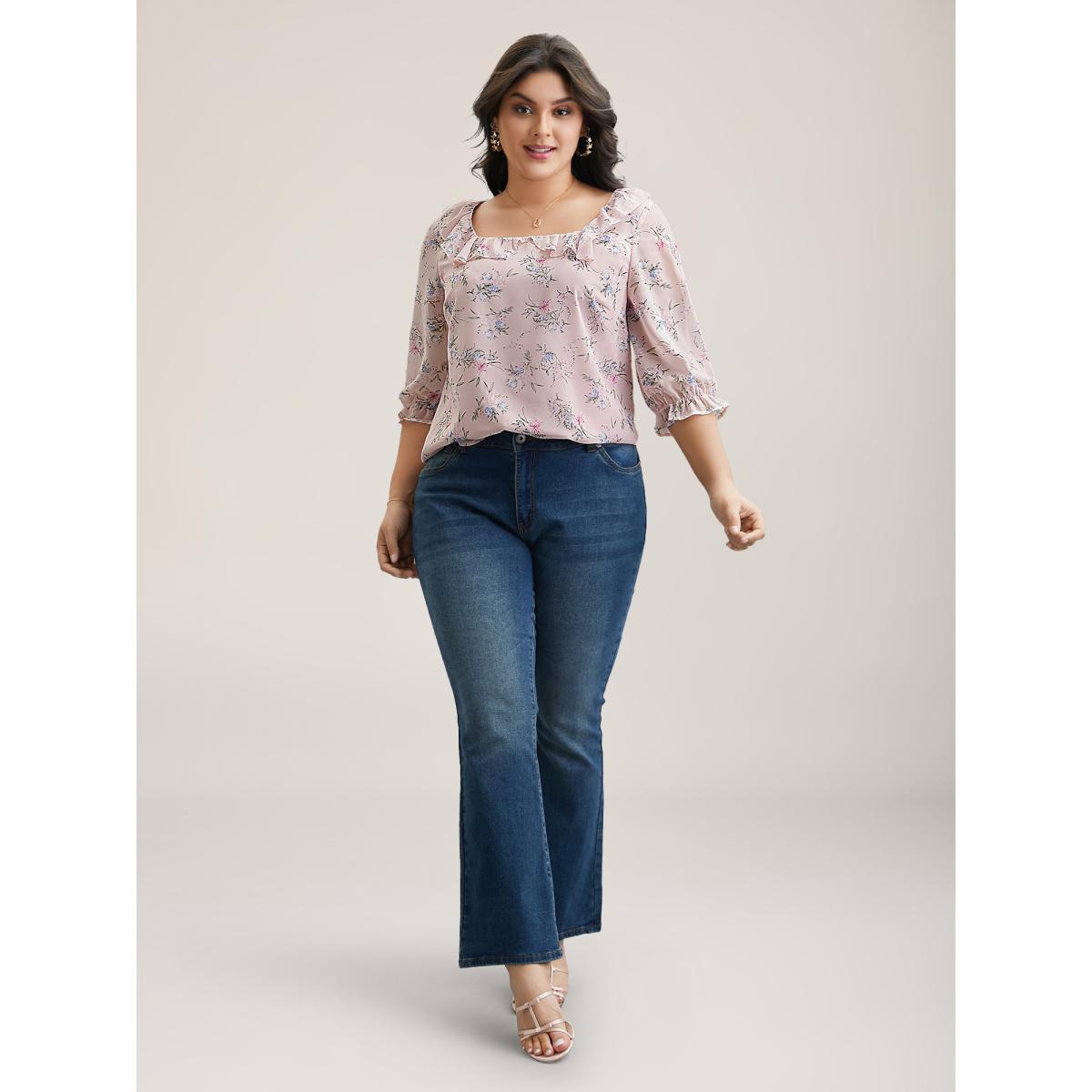 Plus Size Lightpink Chiffon Printed Ruffled Shirt Women Elegant Elbow-length sleeve Square Neck Everyday Blouses BloomChic 28/5X Product Image