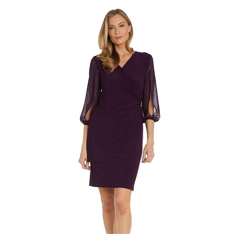 Womens R&M Richards Faux Wrap Dress with Sheer Balloon Studded Sleeves Blue Product Image