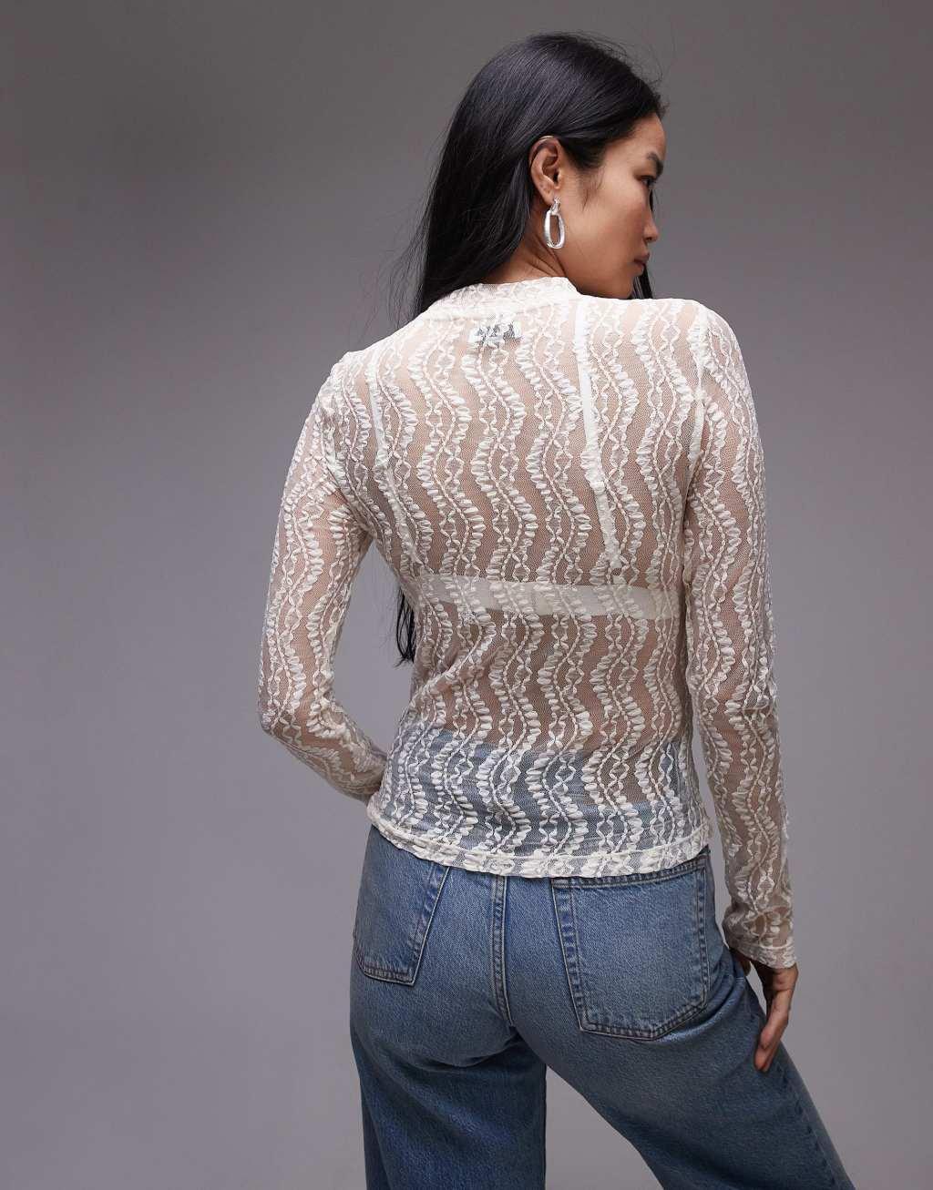 Topshop wave lace high neck top in ivory Product Image