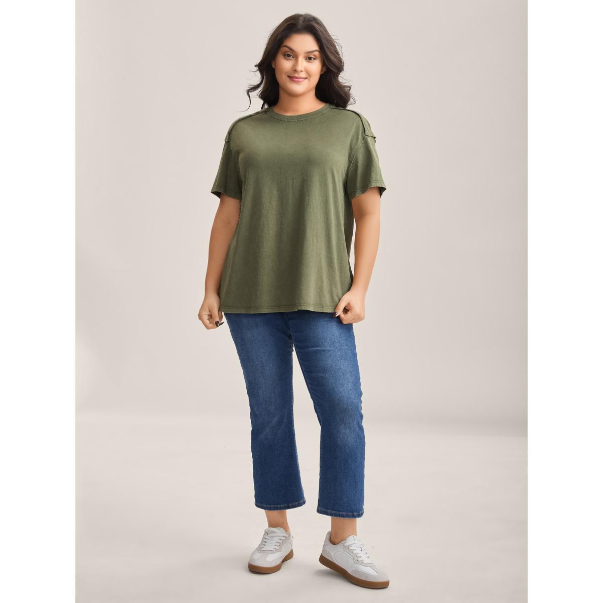 Plus Size Cotton Vintage Frayed Hem Crew Neck T-Shirt ArmyGreen Women Tucked seam Round Neck Everyday-Casual T-shirts BloomChic 22-24/3X Product Image