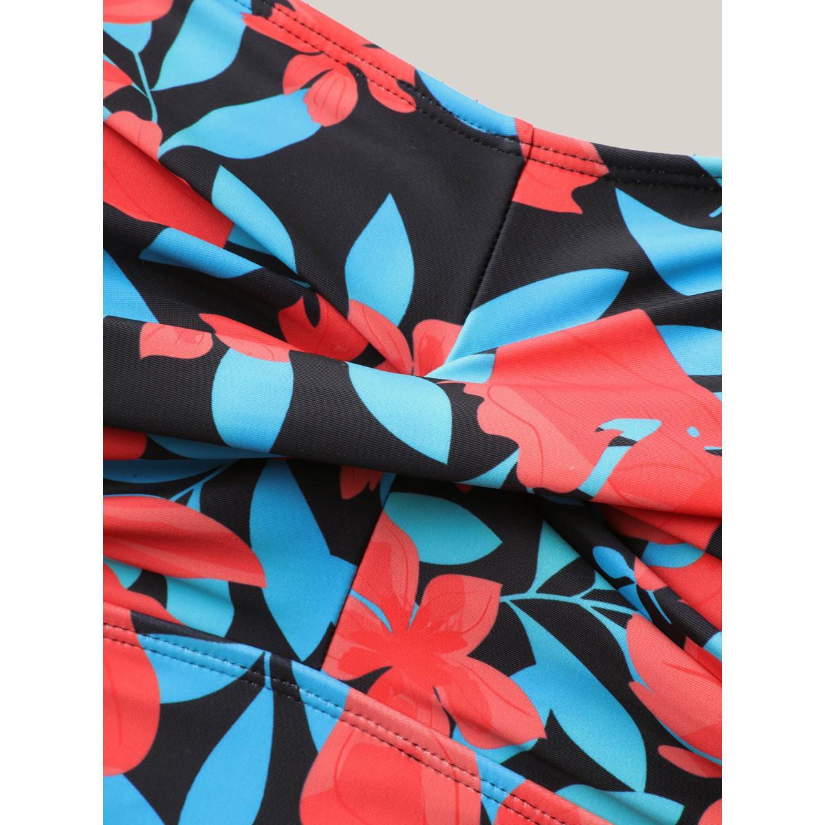 Plus Size Twist Front Floral Print Swim Dress Women's Swimwear Multicolor Beach Bodycon U-neck High stretch Curve Swim Dresses BloomChic 12/L Product Image