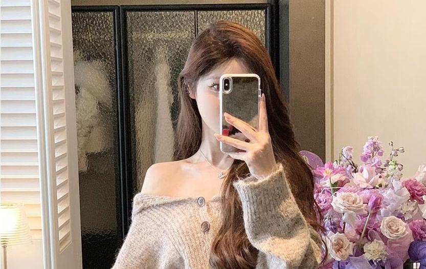 Off Shoulder Long Sleeve Plain Buttoned Ribbed Knitted Mini Sweater Dress with Belt Product Image