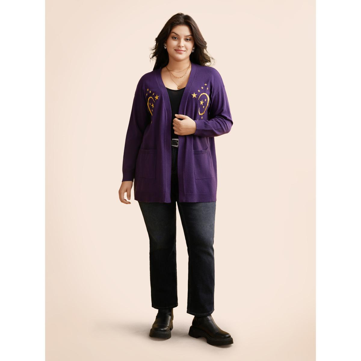 Plus Size Supersoft Essentials Celestial Embroidered Cardigan Eggplant Women Casual Loose Long Sleeve Everyday Cardigans BloomChic 12/L Product Image