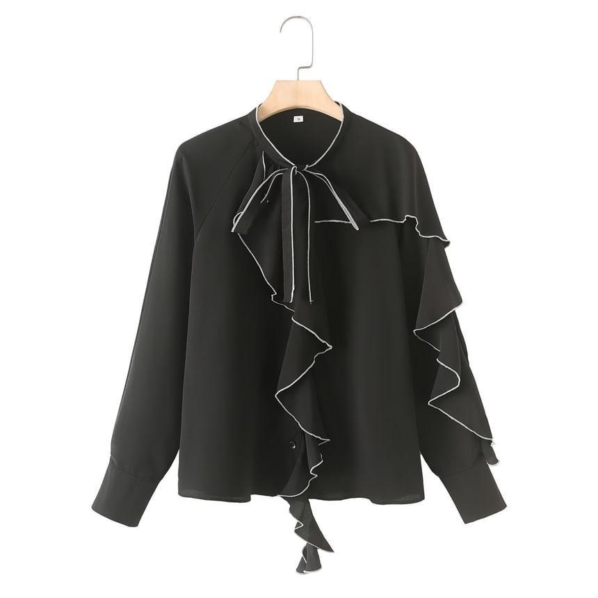 Long-Sleeve Tie-Neck Contrast Trim Ruffle Button-Up Blouse Product Image