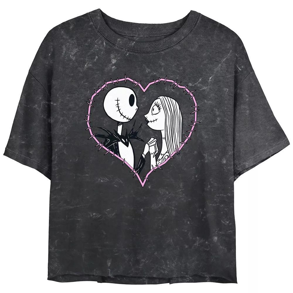 Disneys The Nightmare Before Christmas Jack And Sally Love Crop Top Mineral Wash Juniors Graphic Tee, Womens Product Image