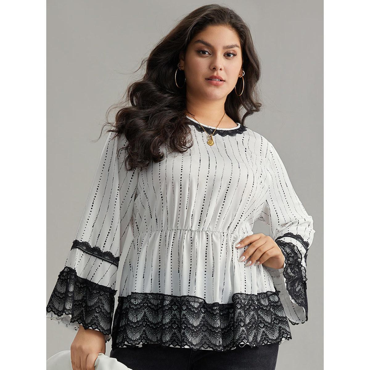 Plus Size White Dot Striped Contrast Lace Elastic Waist Blouse Women Elegant Long Sleeve Round Neck Dailywear Blouses BloomChic 30/6X Product Image
