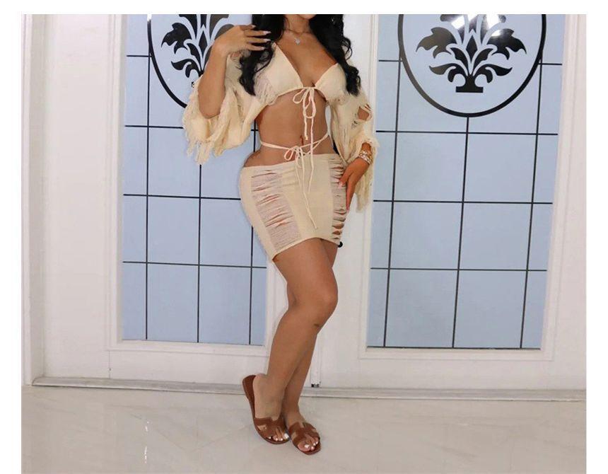 Set: Long-Sleeve Fringed Trim Tie-Strap Knit Crop Top + Cutout Mini Pencil Skirt Product Image