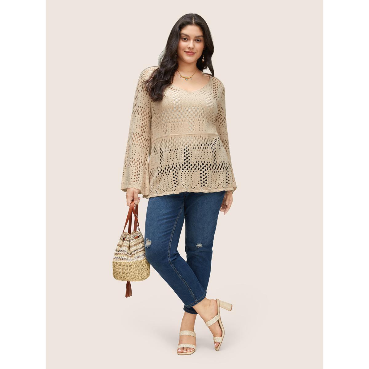 Plus Size Plain Cable Knit Scoop Neck Bell Sleeve Pullover Apricot Women Casual Long Sleeve Scoop Neck Everyday Pullovers BloomChic 14-16/1X Product Image