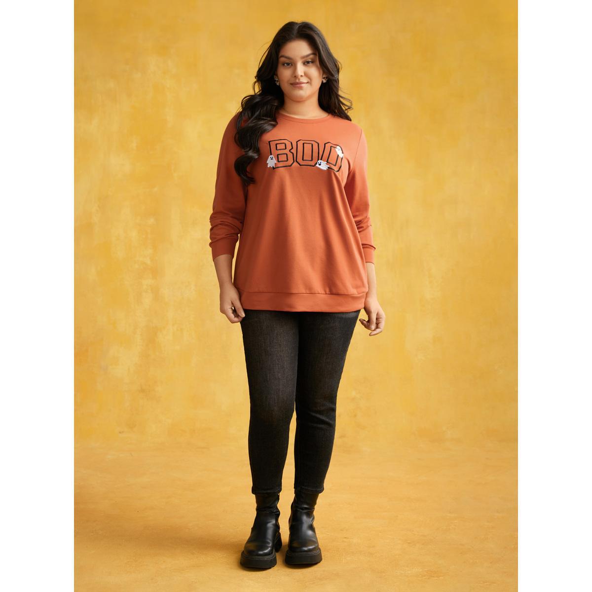 Plus Size BOO Spell Printed Crew Neck Sweatshirt Women Brightorange Casual Embroidered Loose Round Neck Everyday Sweatshirts BloomChic 26/4X Product Image