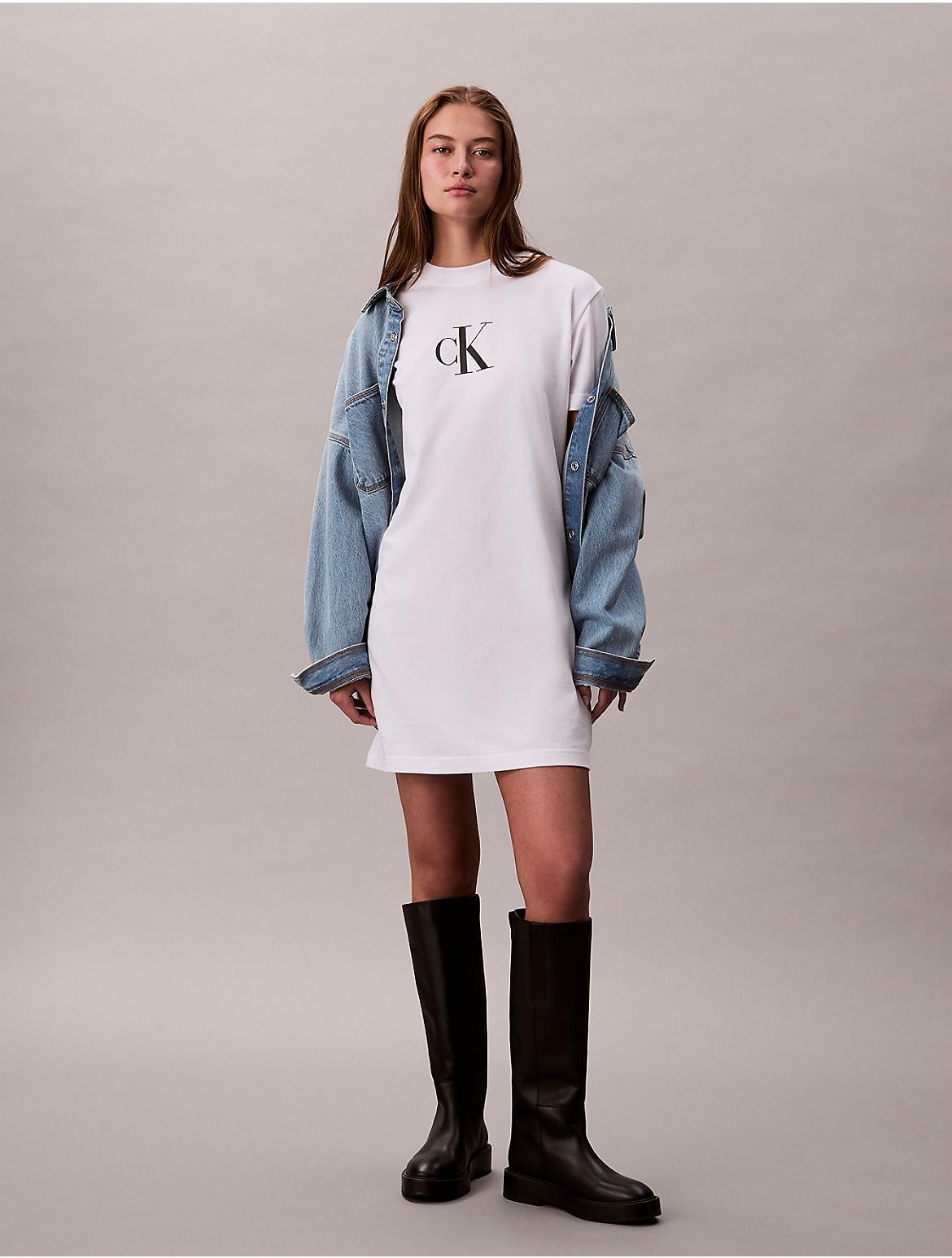 Calvin Klein Womens Archive Logo Jersey T-Shirt Dress - White Product Image