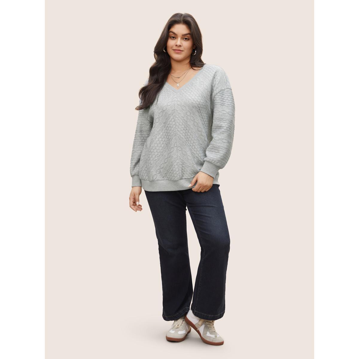 Plus Size Solid Plisse V Neck Drop Shoulder Sweatshirt Women Gray Casual Texture V-neck Everyday Sweatshirts BloomChic 28/5X Product Image