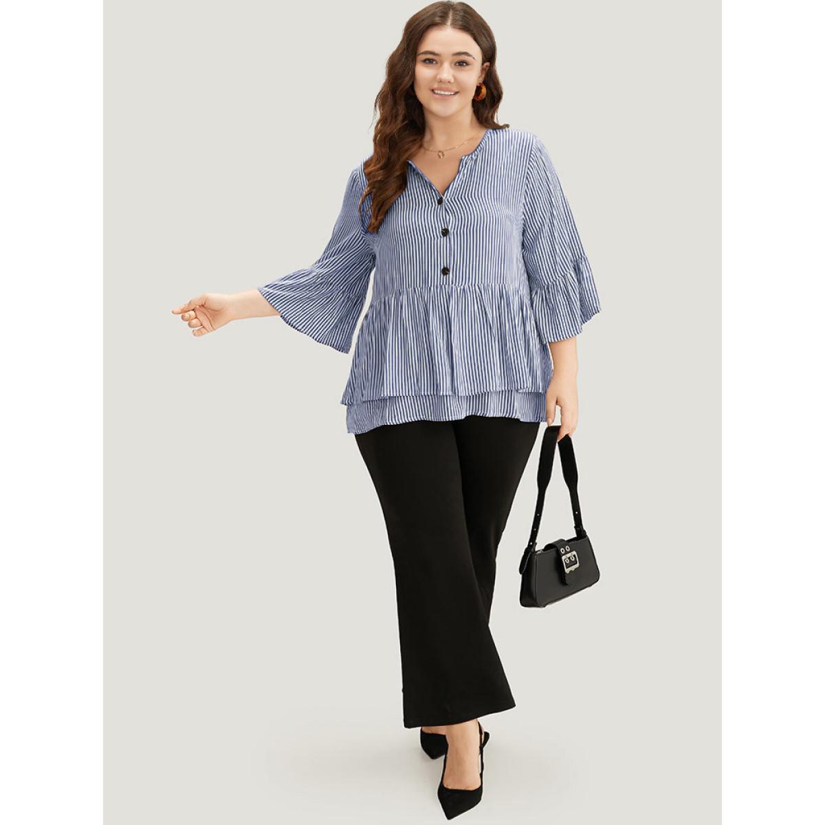 Plus Size Navy Striped Button Up Ruffles Bell Sleeve Blouse Women Office Elbow-length sleeve V-neck Work Blouses BloomChic 12/L Product Image