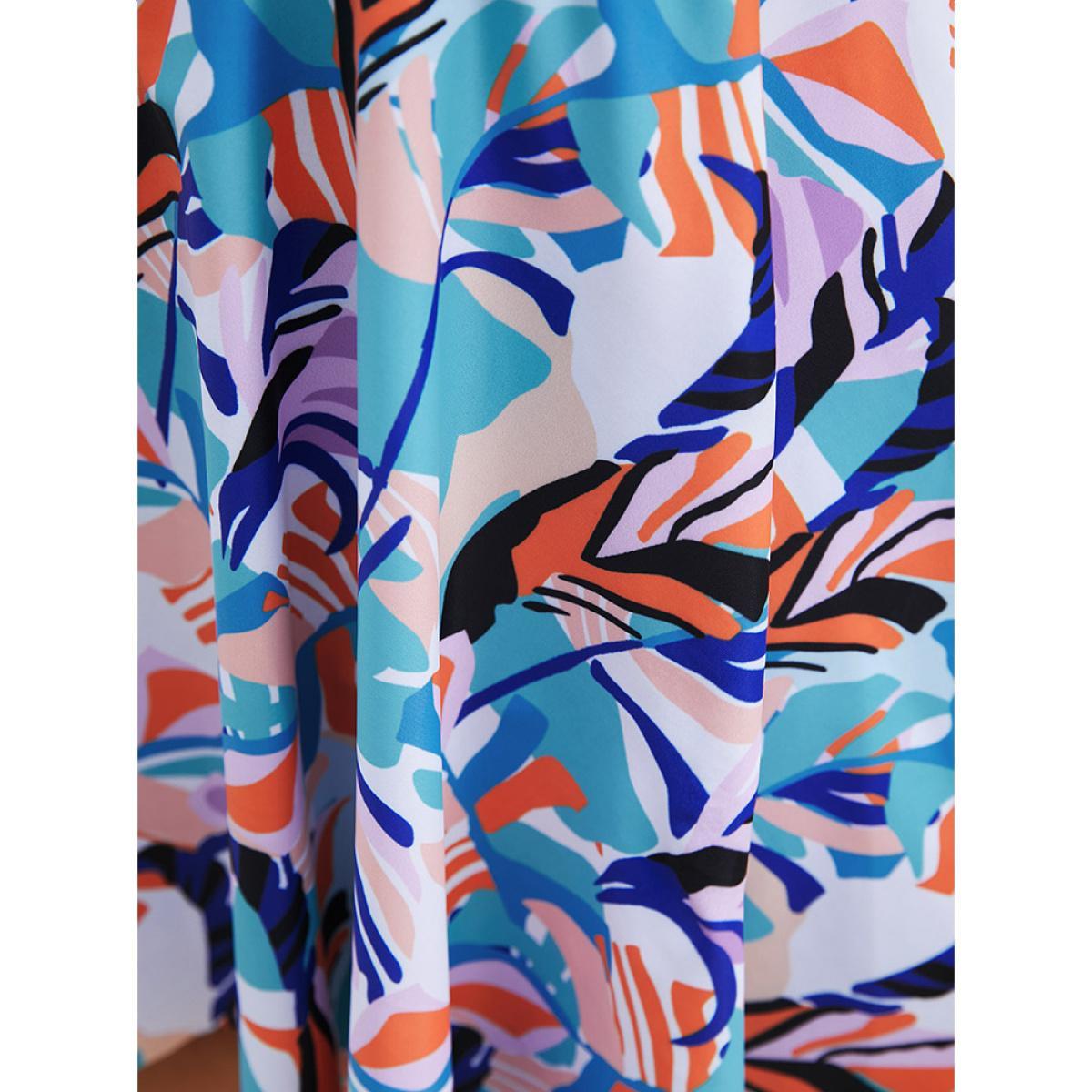 Plus Size Graphic Print Halter Knot Back Ruffle Hem Tankini Top Women's Swimwear Turquoise Vacation Adjustable Straps High stretch Bodycon V-neck Curve Swim Tops BloomChic 30/6X Product Image