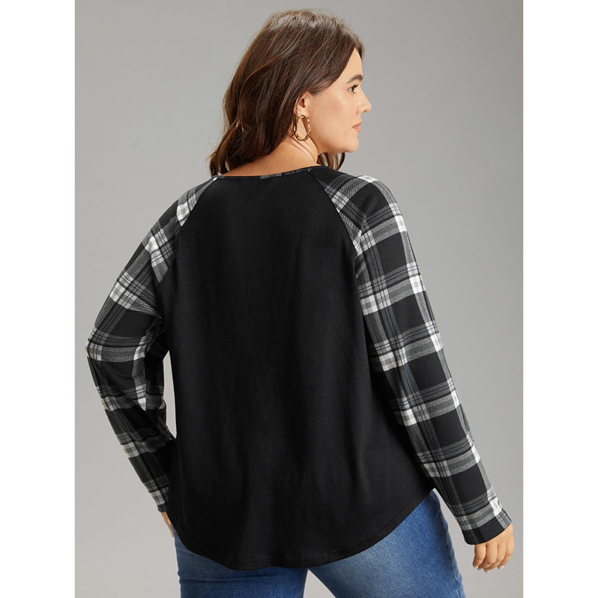 Plus Size Plaid Patchwork Raglan Sleeve Crisscross T-shirt Black Women Casual Patchwork Plaid V-neck Dailywear T-shirts BloomChic 14-16/1X Product Image