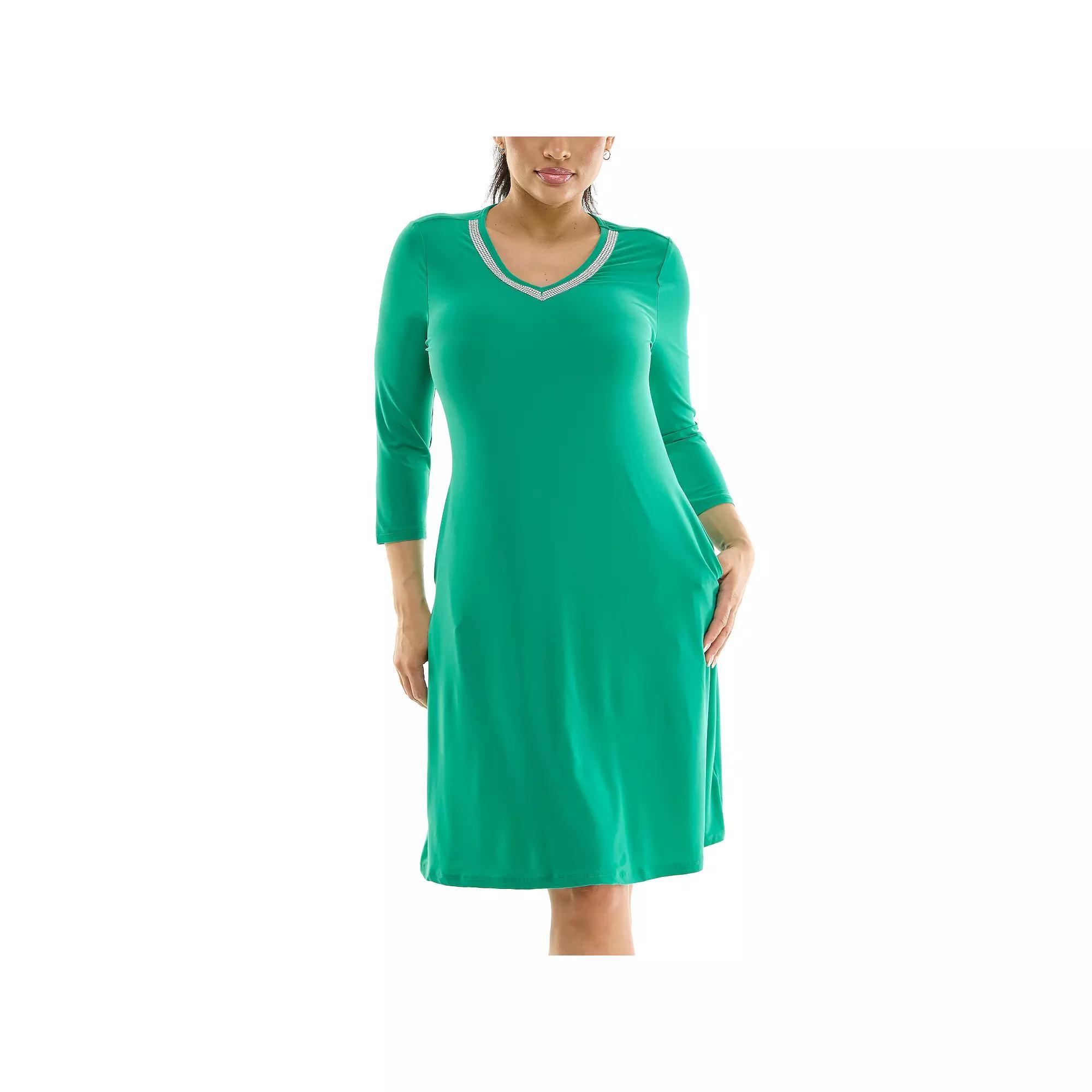 Women's Nina Leonard Necklace Trim Pocket Dress, Size: Medium, Jungle Green Product Image