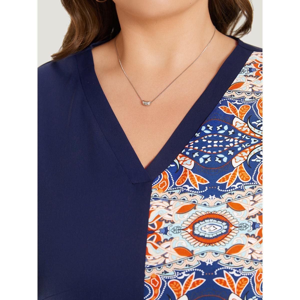 Plus Size Indigo Bandana Print Patchwork Contrast Roll Batwing Sleeve Blouse Women Vacation Short sleeve V-neck Dailywear Blouses BloomChic 14-16/1X Product Image