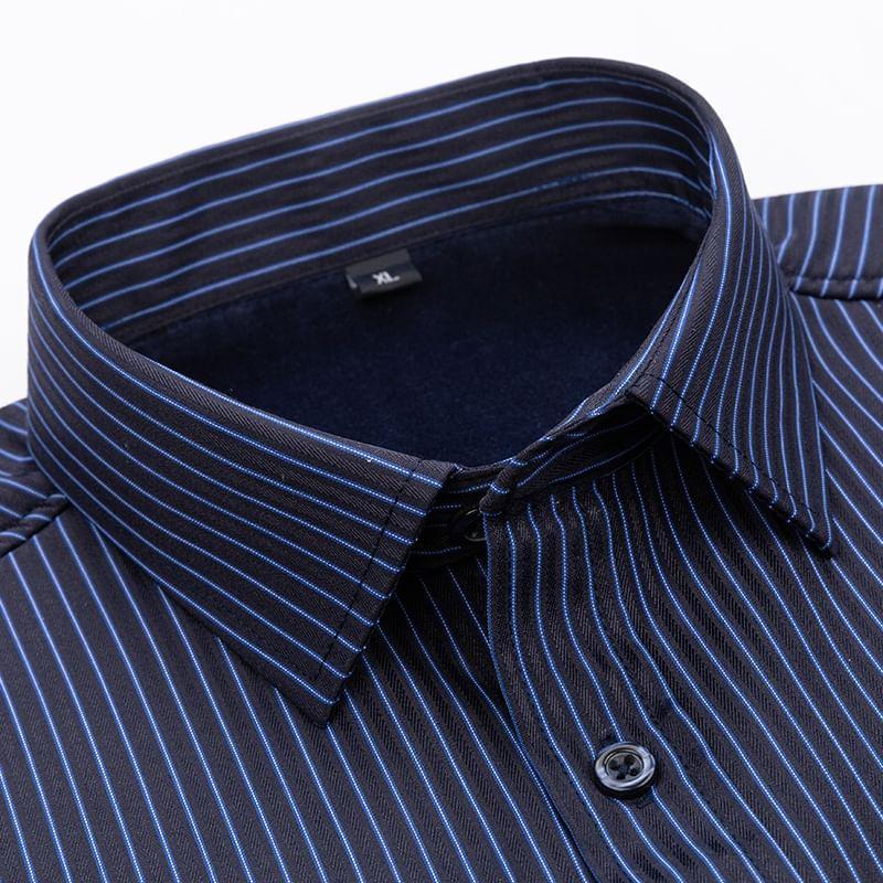 Long Sleeve Collared Striped Fleece Lined Button Shirt Product Image