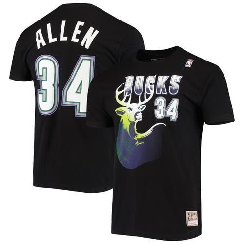 Mens Mitchell & Ness Ray Allen Black Milwaukee Bucks Hardwood Classics Stitch Name and Number T-shirt Product Image