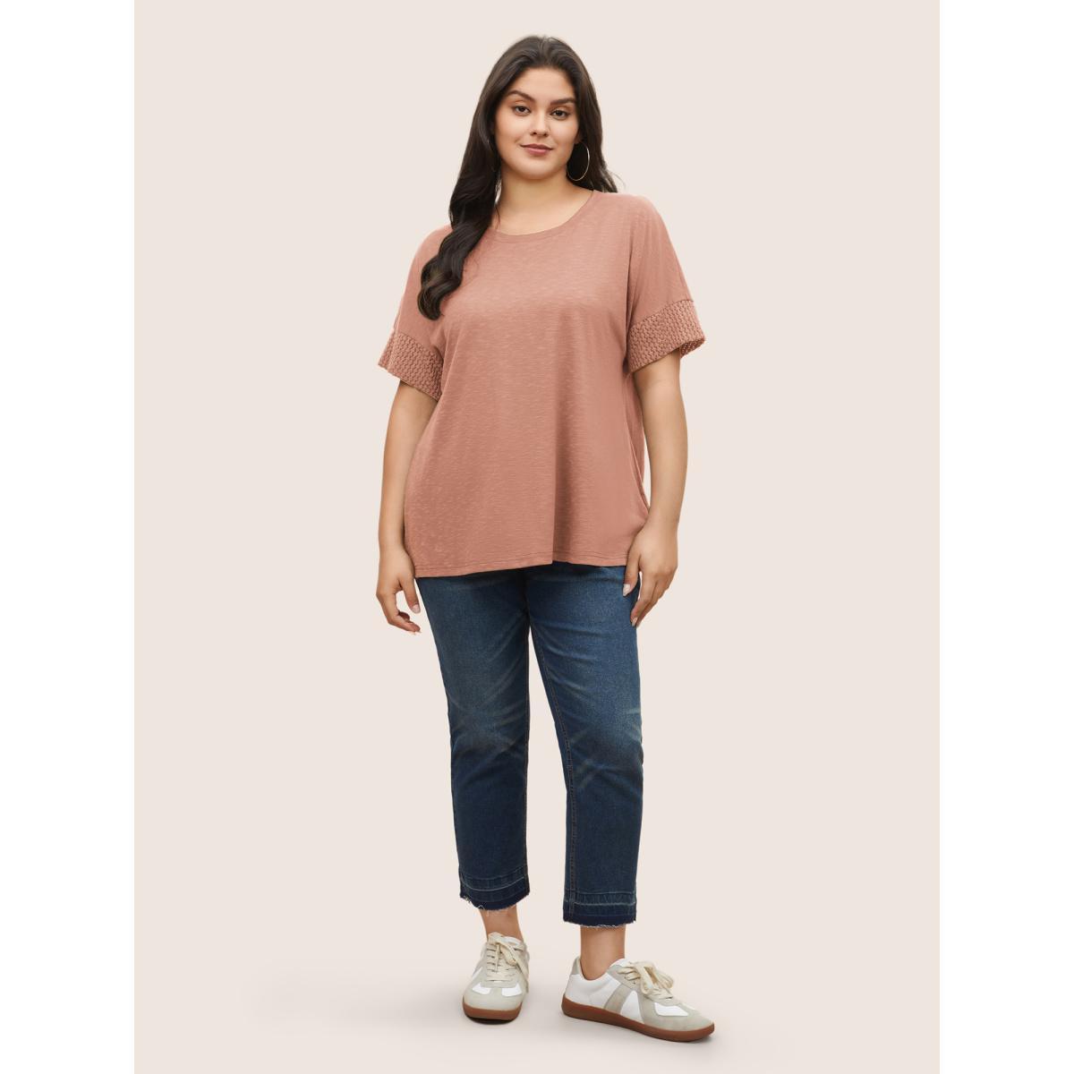 Plus Size Solid Lace Insert Batwing Sleeve T-shirt Nudepink Women Casual Texture Plain Round Neck Everyday T-shirts BloomChic 12/L Product Image