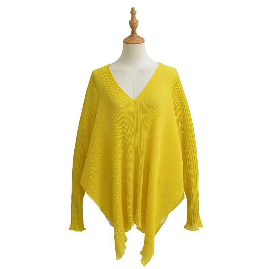 Long-Sleeve V-Neck Plain Ribbed Knit Top Product Image