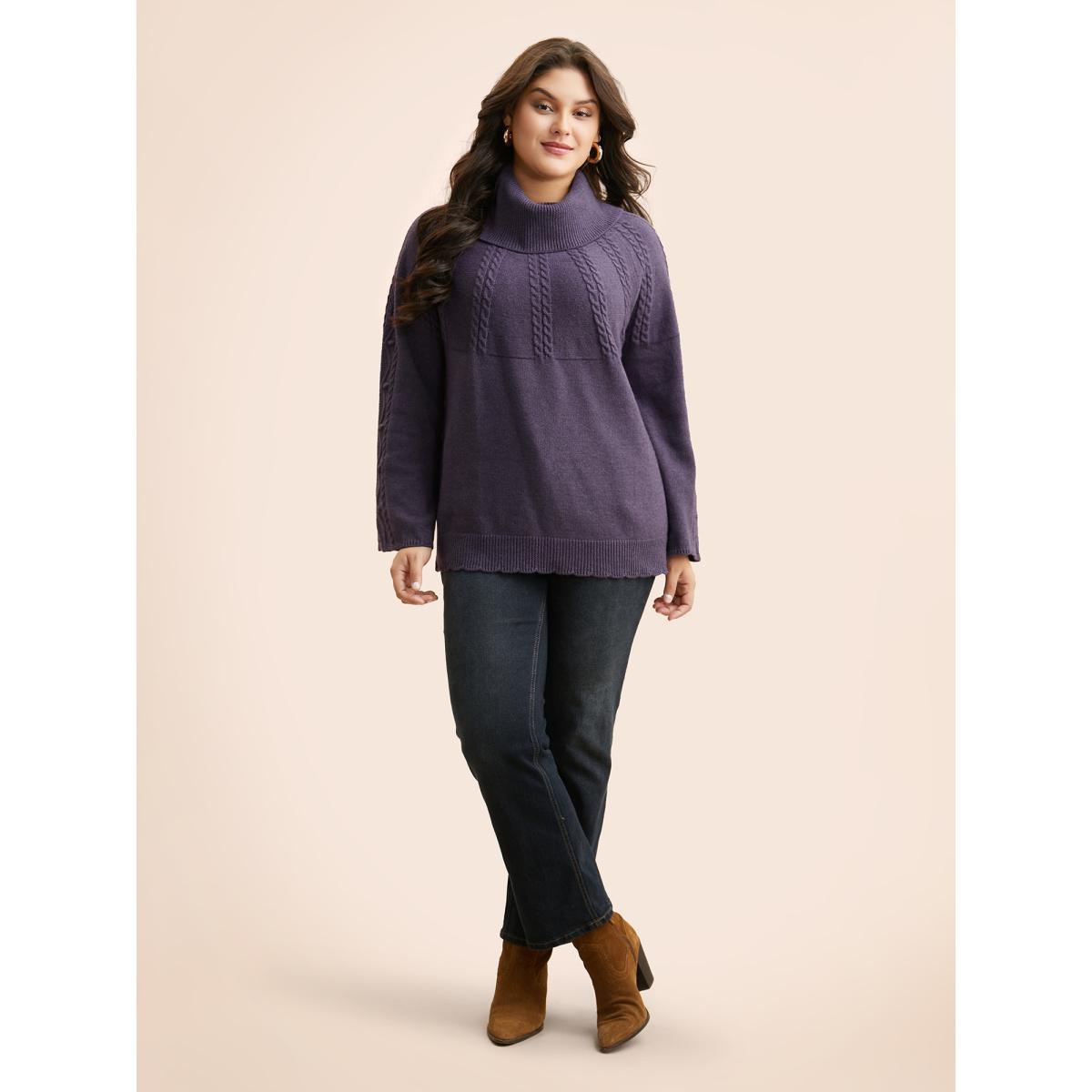 Plus Size Turtleneck Texture Cable Knit Pullover Eggplant Women Casual Long Sleeve Turtleneck Everyday Pullovers BloomChic 26/4X Product Image