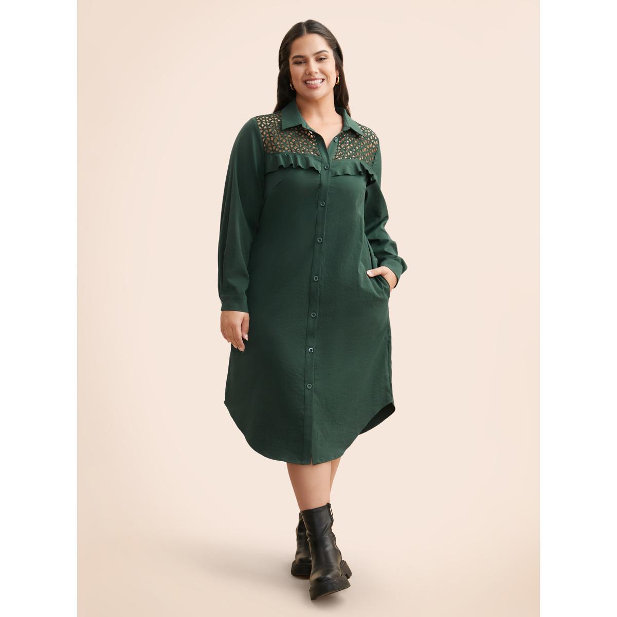 Plus Size Solid Cut Out Ruffle Trim Arc Hem Dress DarkGreen Women Casual Cut-Out Shirt collar Long Sleeve Curvy BloomChic 26/4X Product Image