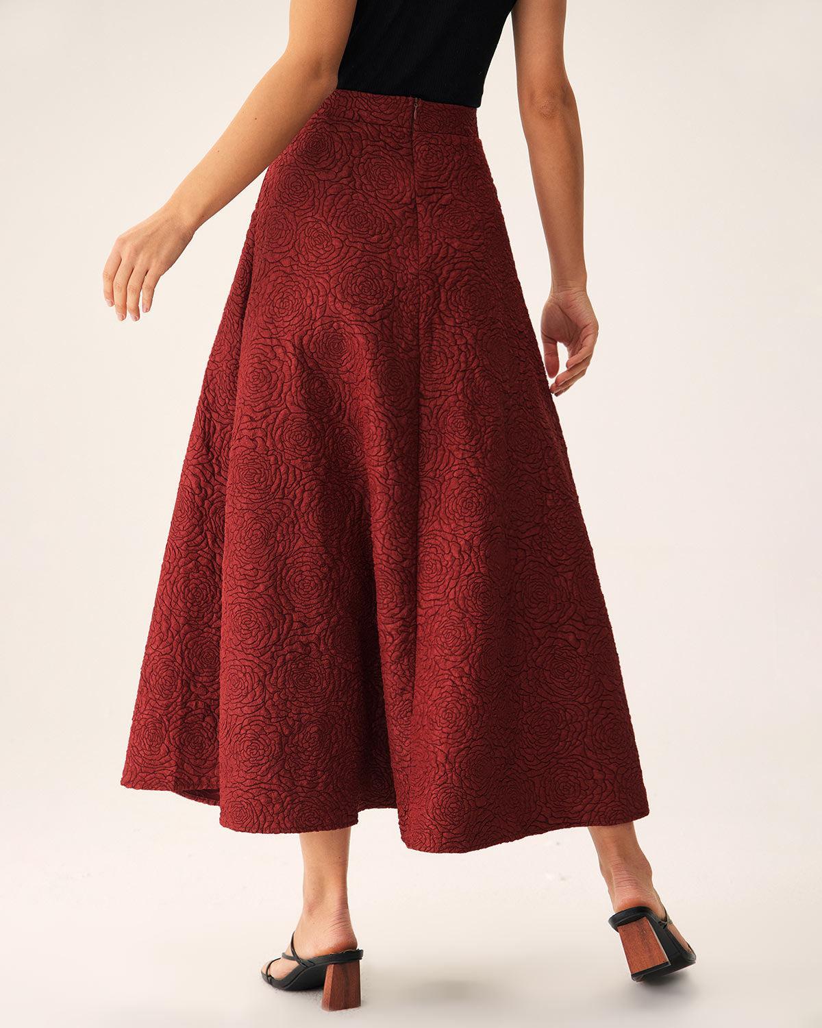 Red Jacquard A-line Midi Skirt Product Image