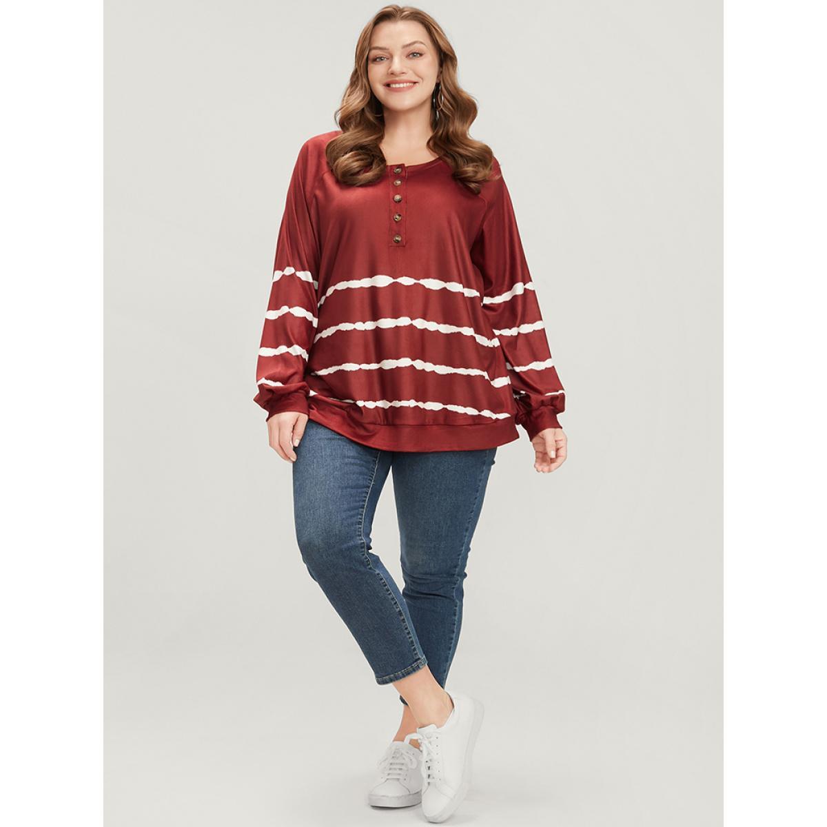 Plus Size Striped Print Round Neck Button Up Sweatshirt Women Scarlet Casual Tie Dye Round Neck Dailywear Sweatshirts BloomChic 28/5X Product Image