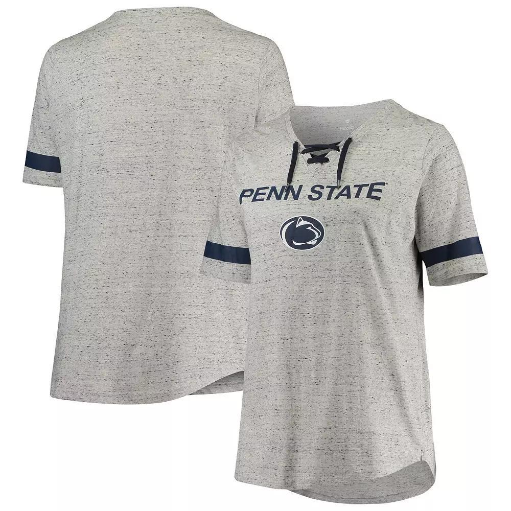 Women's Heathered Gray/Navy Penn State Nittany Lions Plus Size Lace-Up V-Neck T-Shirt, Size: 2XL, Grey Product Image