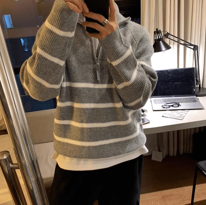 RT No. 12031 GRAY ZIP-UP PULLOVER COLLAR SWEATER Product Image