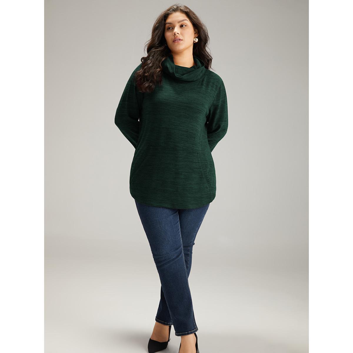 Plus Size Plain Turtleneck Pocket Heather Sweatshirt Women DarkGreen Elegant Plain Turtleneck Dailywear Sweatshirts BloomChic 14-16/1X Product Image