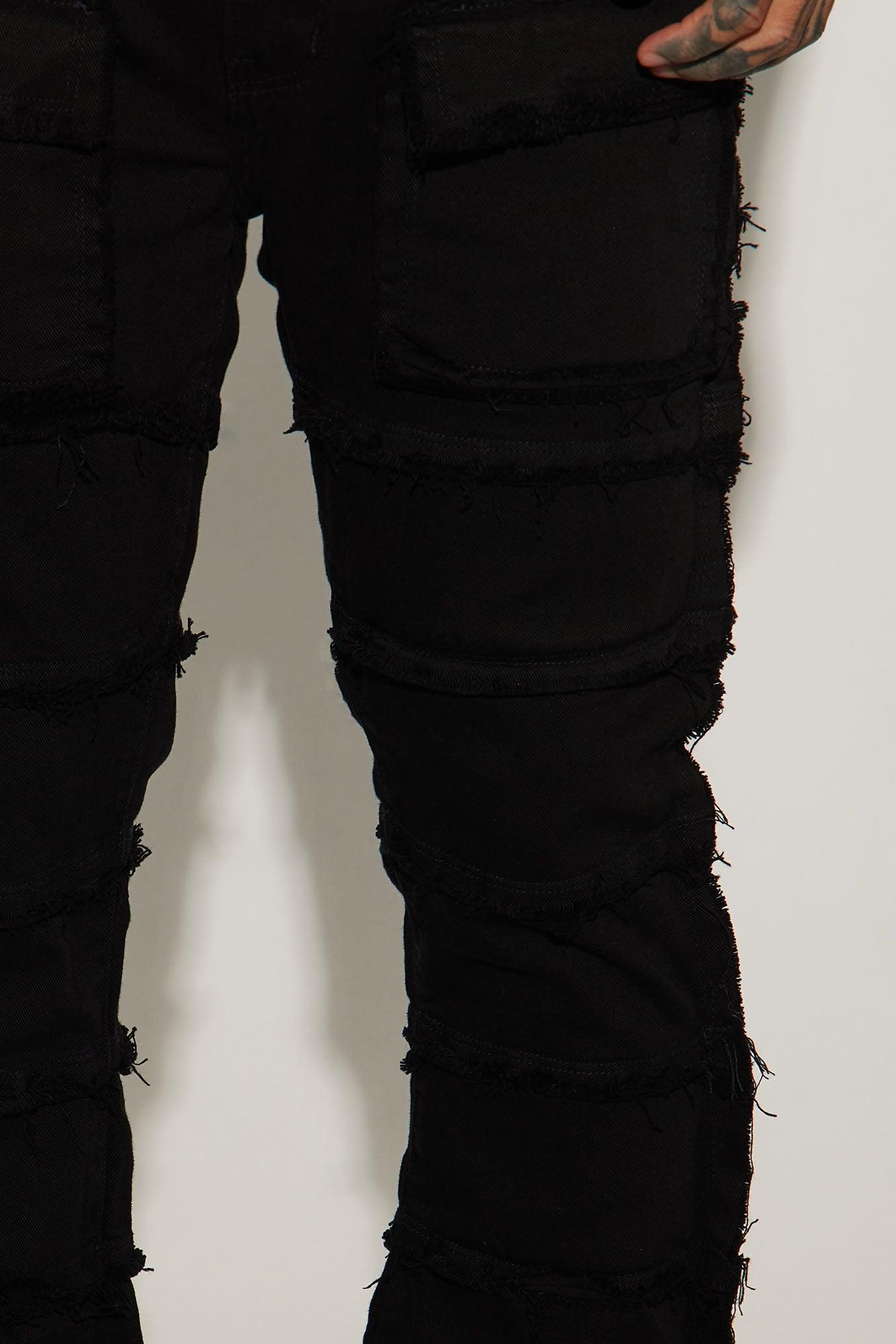 Square Pockets Fray Stacked Skinny Flare Pants - Black Product Image