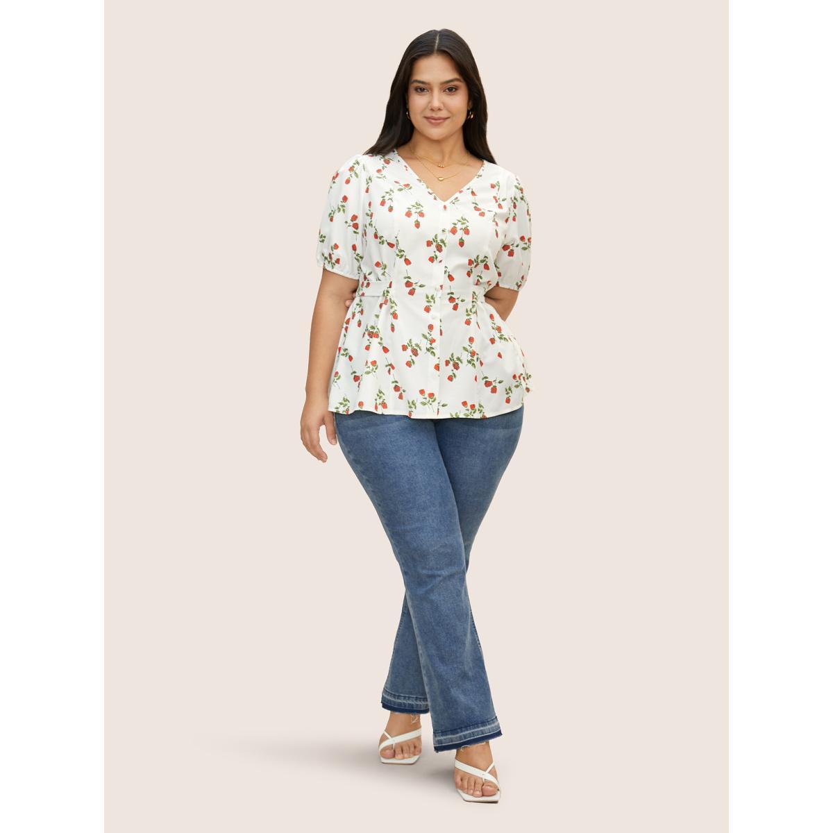 Plus Size Ivory Rose Print Tie Knot Button Detail Ties Blouse Women Elegant Short sleeve V-neck Everyday Blouses BloomChic 18-20/2X Product Image