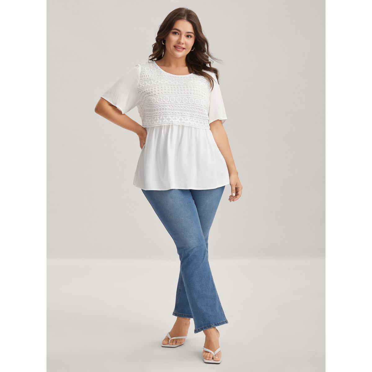Plus Size Opticwhite Embroidered Textured Lace Babydoll Top Women Short sleeve Round Neck Everyday-Elegant Blouses BloomChic 18-20/2X Product Image